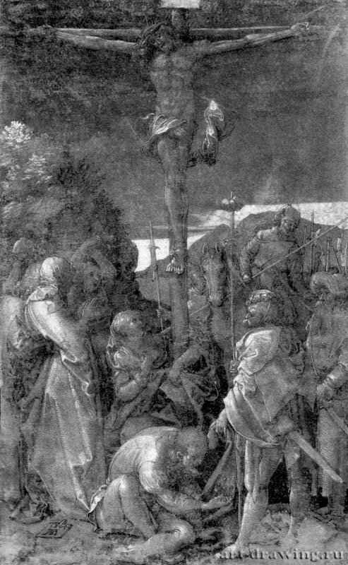 Серия рисунков так называемых "Зеленых Страстей". Христос на кресте. 1504 - 29,8 x 18,3 Перо черным тоном, кисть серым тоном, подсветка белым, на грунтованной зеленым тоном бумаге Собрание графики Альбертина Вена