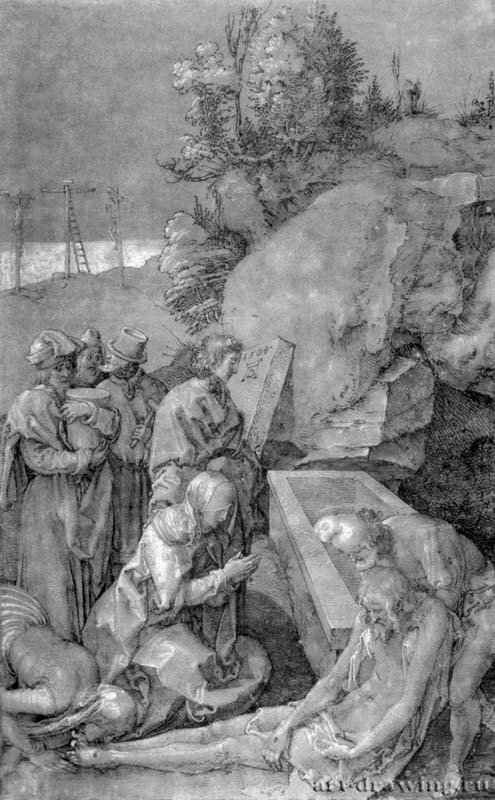 Серия рисунков так называемых "Зеленых Страстей" Оплакивание Христа. 1504 - 29,6 x 18,3 Перо черным тоном, кисть серым тоном, подсветка белым, на грунтованной зеленым тоном бумаге Собрание графики Альбертина Вена