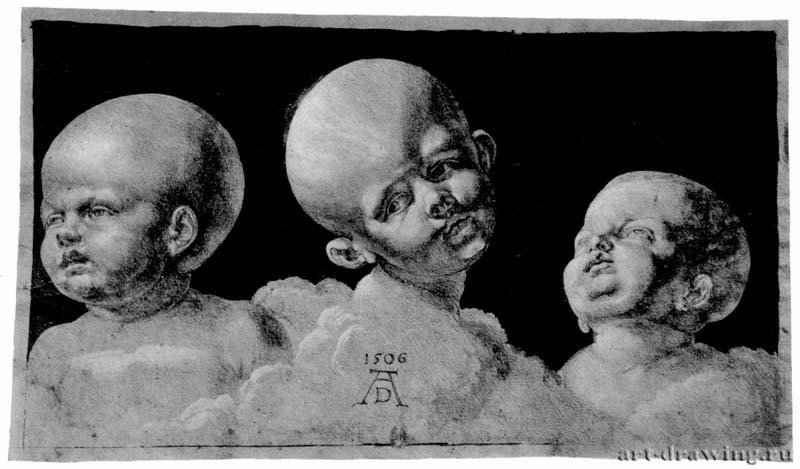 Три детские головы. 1506 - 22,1 x 38,2 Кисть тушью, подсветка белым, на голубой венецианской бумаге Национальная библиотека, Кабинет гравюр Париж