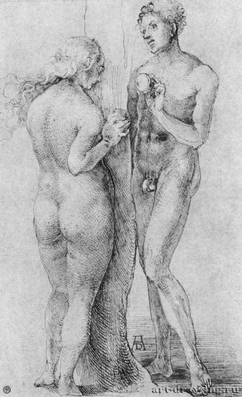 Адам и Ева. 1495-1499 - 23,3 x 14,4 Перо коричневым тоном поверх рисунка серебряным карандашом, на коричневатой бумаге. Школа изящных искусств, личные коллекции. Париж.