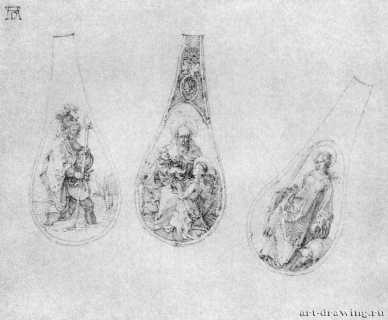 Три эскиза украшений для черенка ложки. 1515 - 14,5 x 17,5 Перо на бумаге Британский музей, Отдел гравюры и рисунка Лондон