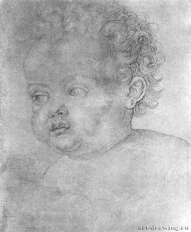 Этюд для "Большого Распятия". Детская голова. 1521-1523 - 18,9 x 15,6 Свинцово-оловянный штифт, подсветка белым, на грунтованной зеленым тоном бумаге Британский музей, Отдел гравюры и рисунка Лондон