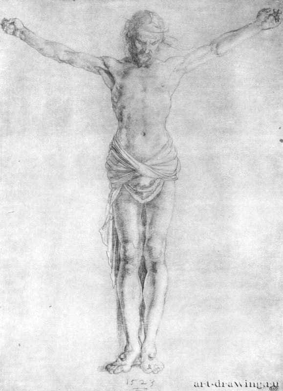 Этюд для "Большого Распятия". Христос на кресте. 1523 - 41,3 x 30 Свинцово-оловянный штифт, подсветка белым, на грунтованной зеленым тоном бумаге Лувр, Кабинет рисунков Париж