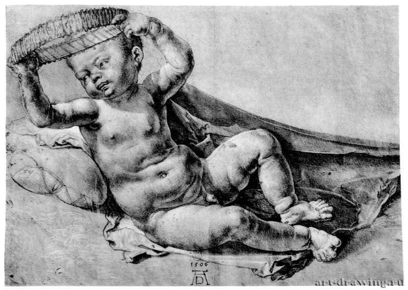 Этюд для "Праздника четок". Мальчик Христос. 1506 - 27,4 x 38,4 Кисть тушью, подсветка белым, на голубой венецианской бумаге Национальная библиотека, Кабинет гравюр Париж