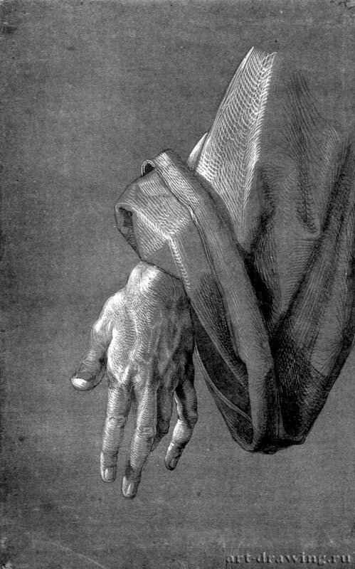 Этюд для Алтаря Геллера. Левая рука апостола. 1508 - 31,7 x 19,8 Рисунок кистью, подсветка белым, на грунтованной зеленым тоном бумаге Собрание графики Альбертина Вена
