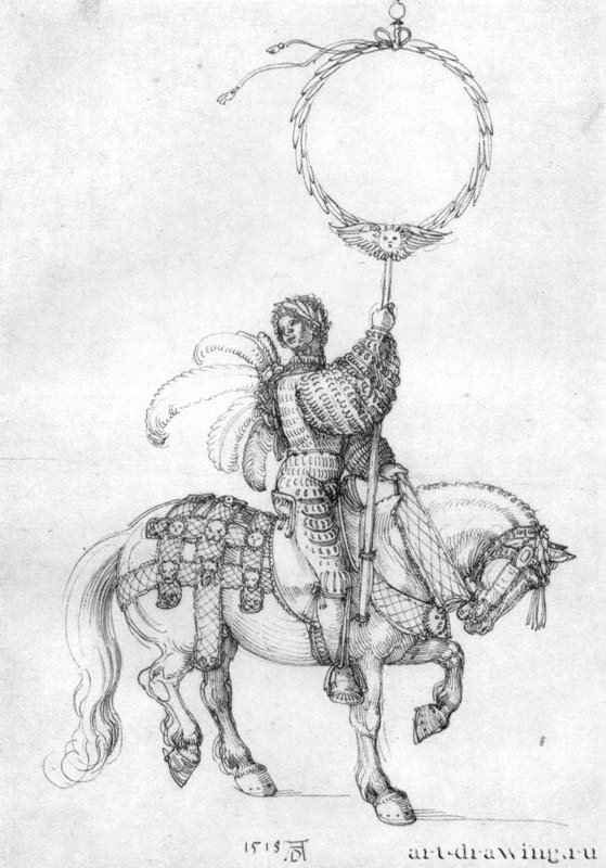 Большая триумфальная повозка, фрагмент: Юный всадник, несущий венок. 1518 - 42,4 x 29,8 Перо на бумаге Собрание графики Альбертина Вена