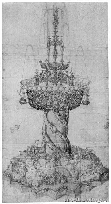 Большой настольный фонтан. 1500 - 56 x 35,8 Перо, отмывка акварелью, на бумаге Британский музей, Отдел гравюры и рисунка Лондон