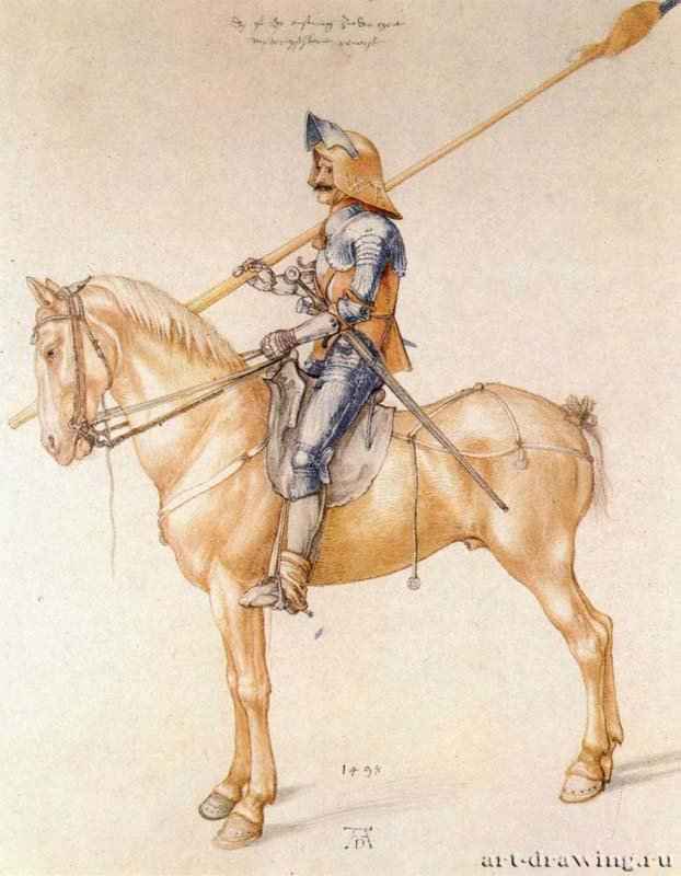 Всадник в доспехе. 1498 - 41 х 32,4 Перо, подцветка акварелью, на бумаге Собрание графики Альбертина Вена