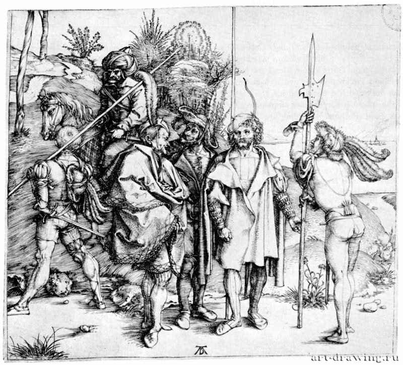 Ландскнехты и восточный всадник. 1495 - 13,2 х 14,7 Резцовая гравюра на меди Музей Метрополитен, Отделение рисунка Нью-Йорк