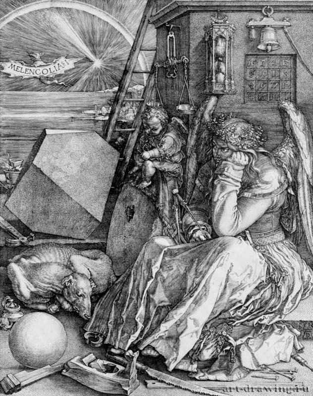 Меланхолия I. 1514 - 23,9 х 18,9 Резцовая гравюра на меди Художественный институт, Отдел гравюры и рисунка Чикаго (Иллинойс)