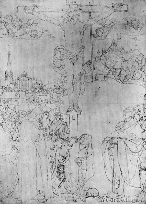 Распятие (незаконченный рисунок). 1523 - 32 х 22,5 Резцовая гравюра на меди Городской художественный музей Сент-Луис (Миссури)