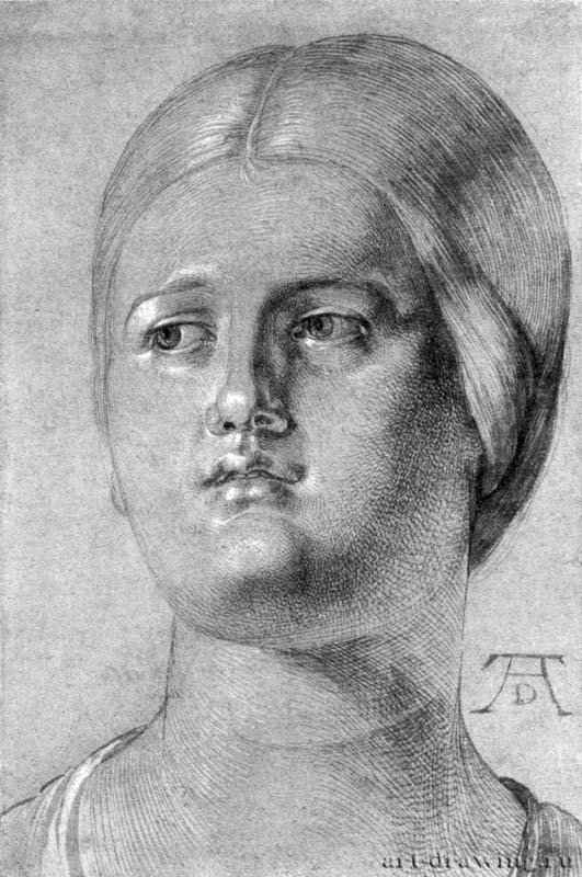 Голова женщины. 1506-1507 - 28,5 x 19 Кисть тушью, подсветка белым, на голубой венецианской бумаге Собрание графики Альбертина Вена