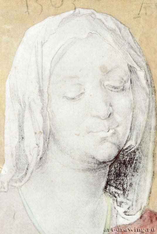 Голова Марии. 1503 - 26,5 х 17,9 Черный мел, на бумаге, раскраска позднейшего времени Гравюрный кабинет Берлин