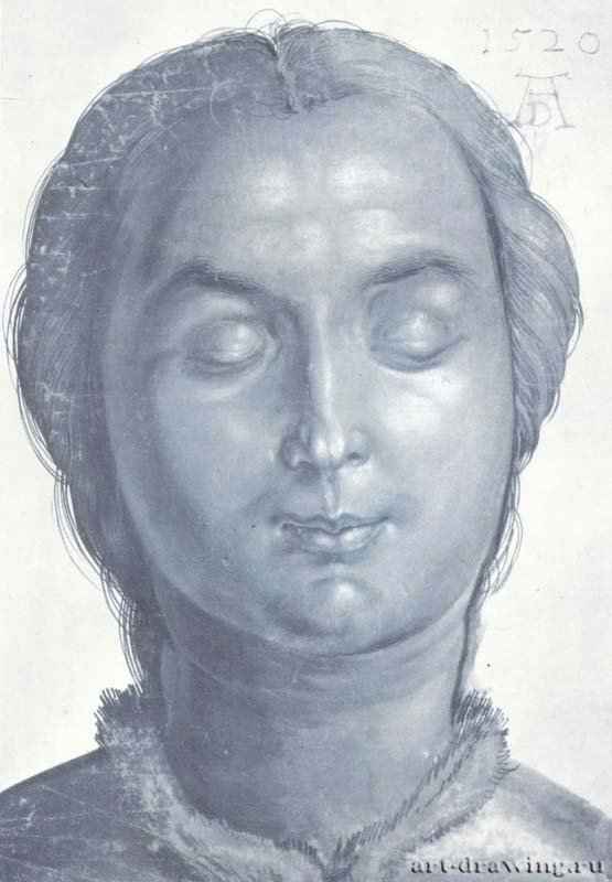 Голова молодой женщины с закрытыми глазами. 1520 - 32,6 х 22,6 Кисть синим тоном, подсветка белым, на бумаге Британский музей, Отдел гравюры и рисунка Лондон