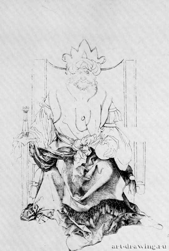 Султан на троне (не закончена). 1496-1498 - 29,6 х 23,4 Резцовая гравюра на меди Государственный музей (Рейксмузеум), Государственный кабинет гравюр Амстердам
