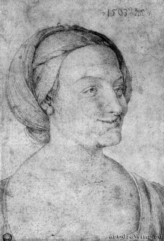 Голова улыбающейся женщины. 1503 - 30,8 x 21 Серебряный штифт на грунтованной мелом бумаге Кунстхалле, Гравюрный кабинет Бремен