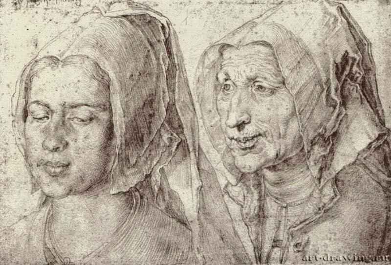 Головы старухи и молодой женщины из Бергена. 1520 - 12,9 х 19 Серебряный штифт на грунтованной бумаге Музей Конде Шантийи