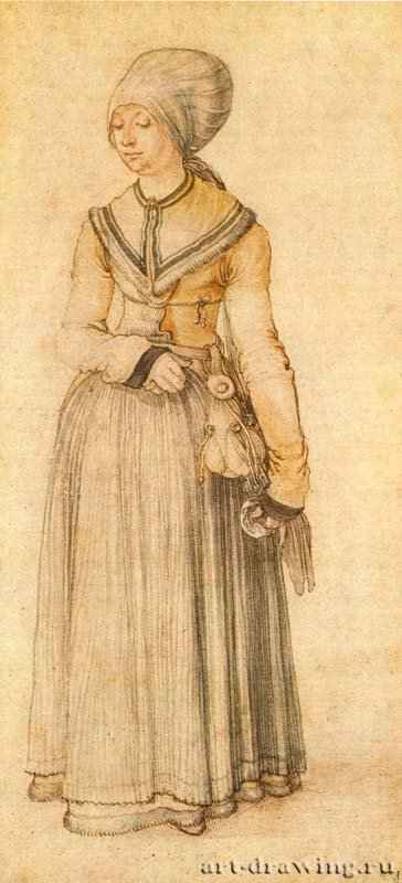 Горожанка Нюрнберга в домашнем платье. 1500-1501 - 28,4 х 13 Перо, подцветка акварелью, на бумаге Библиотека Амброзиана Милан