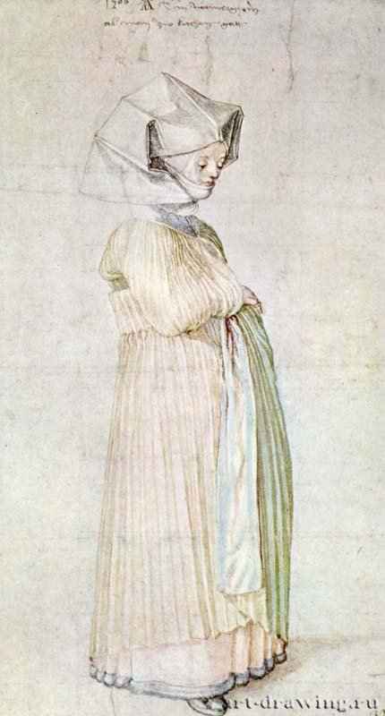 Горожанка Нюрнберга в платье для церкви. 1500-1501 - 31,7 х 17,2 Перо, подцветка акварелью, на бумаге Британский музей, Отдел гравюры и рисунка Лондон