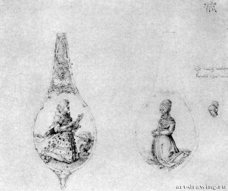 Два эскиза украшений для черенка ложки. 1515 - 14,5 x 17,5 Перо на бумаге Британский музей, Отдел гравюры и рисунка Лондон