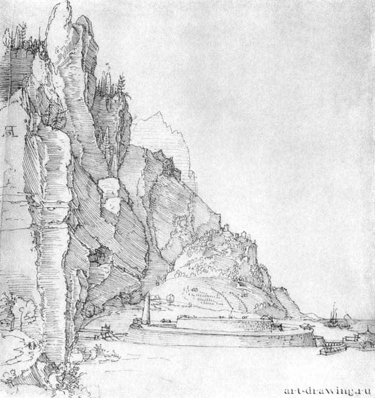 Крепость между горами и морем. 1527 - 21,3 x 20,2 Перо на бумаге Библиотека Амброзиана Милан