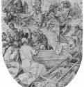 Этюд для Алтаря Геллера. Вознесение и Коронование Девы Марии. 1503 - 38,2 x 31 Перо, раскраска нежно-розовым в цвет тела, голубоватым в облаках и волосах, местамисветлым желто-зеленым тоном на земле и крыльях ангелов, на бумаге Британский музей, Отдел гравюры и рисунка Лондон