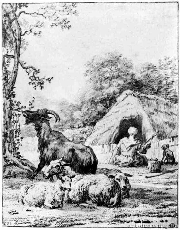 Пастух с козой и тремя овцами. 1669-1670 - 193 х 152 мм Черный мел и кисть китайской тушью, на бумаге Париж Школа изящных искусств, личные коллекции Голландия