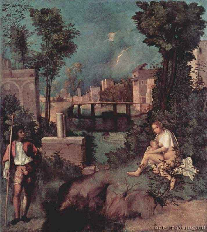 Джорджоне: Гроза - 1507-1508 82 x 73 см Холст Возрождение Италия Венеция. Галерея Академии