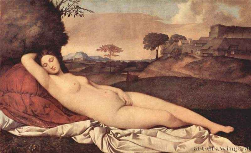 Спящая Венера - 1508-1510 *108 x 175 смХолстВозрождениеИталияДрезден. Картинная галереяНа картине был написанный Тицианом купидон, записанный в 18 веке