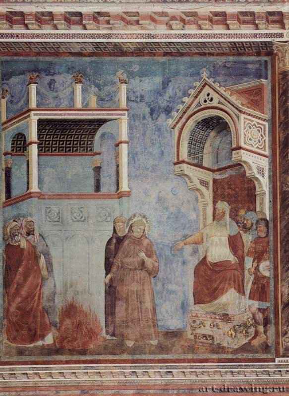 Цикл фресок о жизни св. Франциска Ассизского. Испытание огнем перед султаном - 1296-1298ФрескаГотика, раннее ВозрождениеИталияАссизи. Сан Франческо, верхняя церковьНаписана совместно с Меммо ди Филипуччо