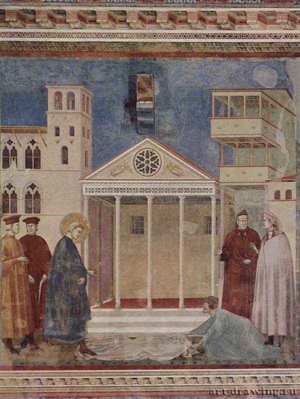 Цикл фресок о жизни св. Франциска Ассизского. Житель Ассизи расстилает свой плащ перед св. Франциском - 1296-1298ФрескаГотика, раннее ВозрождениеИталияАссизи. Сан Франческо, верхняя церковь