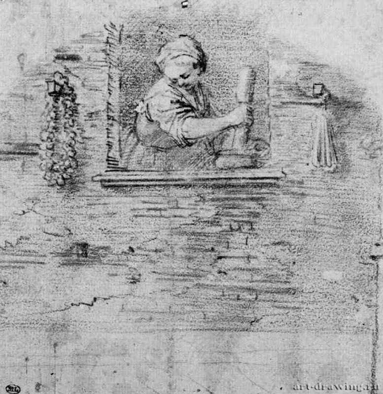 Молодая женщина, выглядывающая из окна. 1621 - 145 х 145 мм Сангина и черный мел на белой бумаге Париж Лувр, Кабинет рисунков Италия