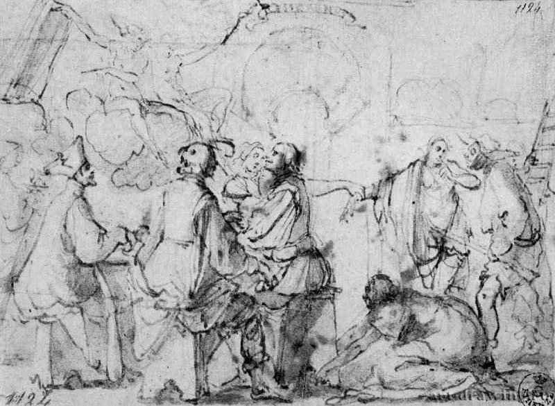 Сельский священник Арлотто за столом. 1623-1624 - 131 х 171 мм Перо коричневым тоном, отмывка, следы красного и черного мела, на белой бумаге Флоренция Уффици, Кабинет рисунков и гравюр Италия