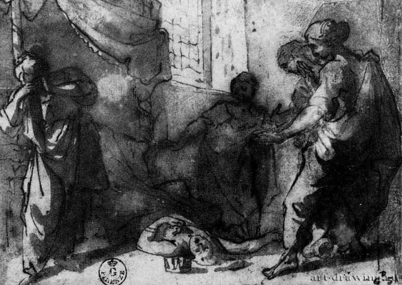 Смерть Клеопатры. 1624 - 127 х 161 мм Перо и отмывка коричневым тоном, на белой бумаге Флоренция Уффици, Кабинет рисунков и гравюр Италия