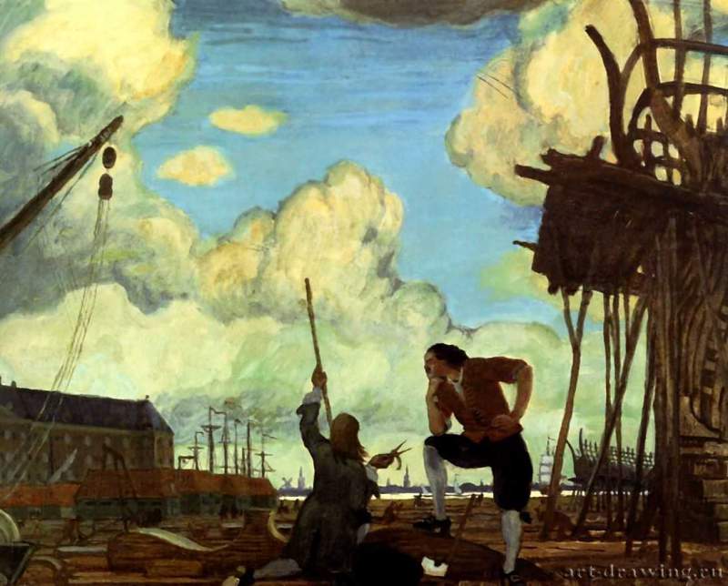 Петр Великий в Голландии. Амстердам, верфи Ост-Индской Компании. Набросок, 1910 г. - Масло, бумага на картоне; 41 х 52,8 см. Государственная Третьяковская галерея. Москва. Россия.