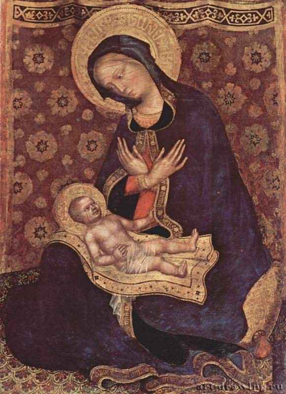 Мадонна - 1415-141641 x 36 смДеревоГотикаИталияПиза. Городской музейМария сидит на подушке перед восточным ковром; на кайме ее мантии арабская надпись