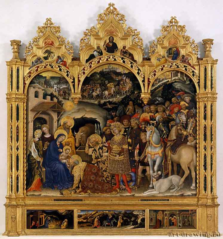 Поклонение волхвов, 1423. - 300 x 282 см. Деревянная доска. Готика. Италия. Флоренция. Галерея Уффици. Первоначально в Санта Тринита во Флоренции, заказчик - банкир Палла Строцци; алтарь предназначался для фамильной капеллы в Санта Тринита; ныне в сакристии. Три волхва поклоняются новорожденному Христу. Каждый из царей и участников их свиты наряжен в роскошный костюм из золотой парчи. Золото присутствует всюду в деталях композиции этого алтаря, заказанного семьей Строцци для украшения их капеллы в церкви Санта Тринита во Флоренции. Только семья очень богатого флорентийского коммерсанта могла позволить себе заказать изображение подобного сюжета, где в таком большом количестве применяются дорогостоящий синий пигмент (приготовляемый из ляпис-лазури) и листы золота. Их использовали часто и для того, чтобы продемонстрировать высокое социальное положение донатора. Джентнле вышел из Умбрии, но выполнял заказы на живописные произведения в разных городах Италии. Его творчество типичный образец стиля интернациональной готики, для которого характерны утонченная элегантность, нарастание светских тенденций и интерес к натуралистическим деталям. В картинах Фабриано последняя черта проявляется в реалистической трактовке животных, птиц и растений.