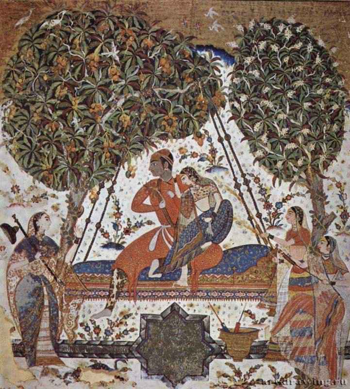 Иллюстрация к "Рагмале". Хиндола Рага. 1580-1590 - 19,3 x 18 см. Бумага. Стиль декан. Индия. Нью-Дели. Национальный музей Индии.