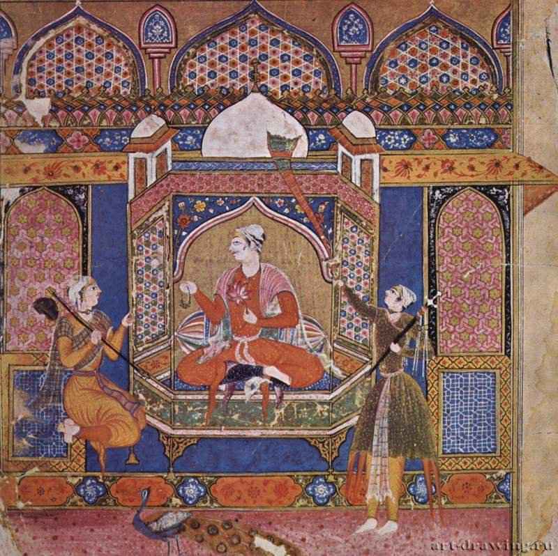 Иллюстрация к "Рагмале". Рага Шри, царь любви, с пажами. 1590-1600 - 19,8 x 17,6 см. Бумага. Стиль декан. Индия. Биканер. Собрание М. Кхаджанчи. Биджапурская школа.