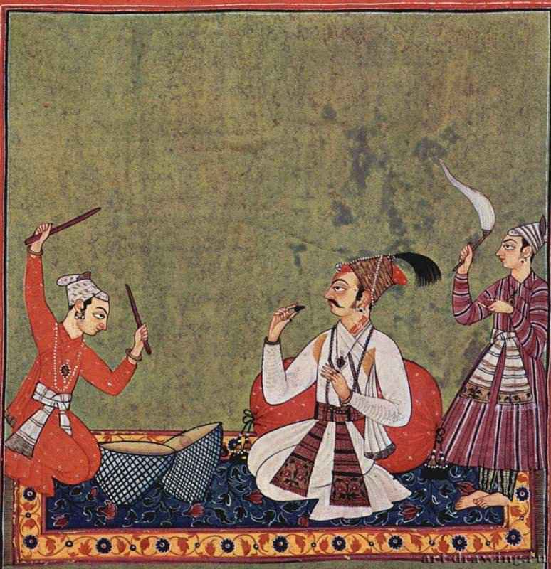 Правитель холмов (Пенджаб) и барабанщик. 1720 - 17,8 x 17,3 см. Бумага. Стиль панджаби. Индия. Аллахабад. Музей. Книжная миниатюра, школа басоли.