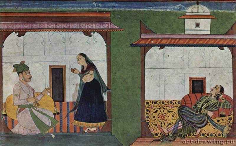 Рукопись "Расаманджари" Бханудатты (эротический трактат). Любовники. 1720 - 17 x 27,8 см. Бумага. Стиль панджаби. Индия. Лондон. Британский музей. Книжная миниатюра, школа басоли.