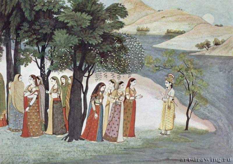 Рукопись "Бхагавата-пураны". Кришна и гопи. 1760-1765 - 20,5 x 28,6 см. Бумага. Стиль панджаби. Индия. Бомбей. Собрание Мадхури Десаи. Книжная миниатюра, школа гулер.