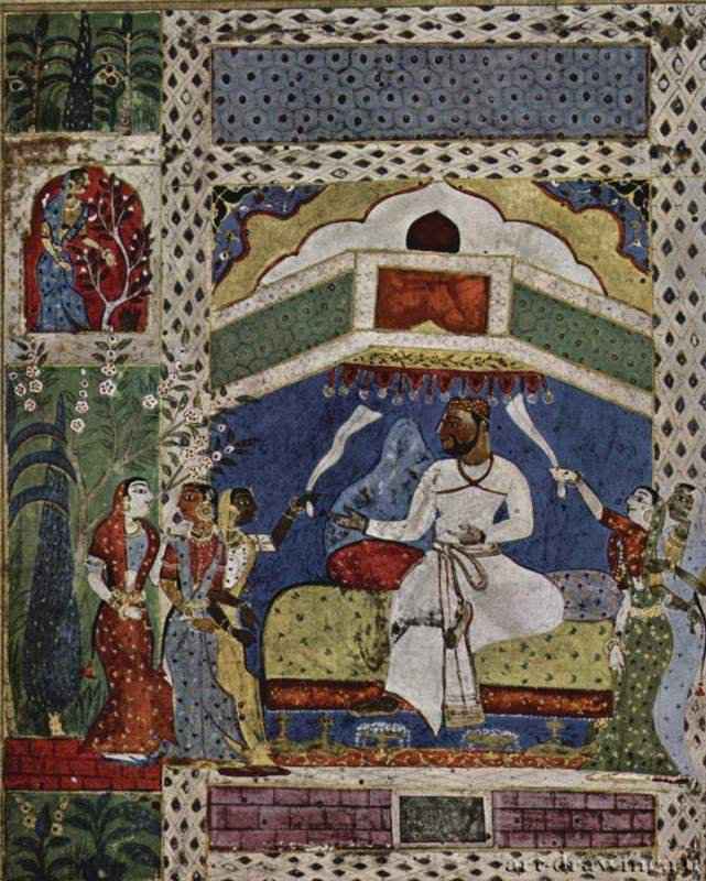 Рукопись "Тариф-и-Хусайн-Шахи". Шах на троне. 1565-1569 - 15,9 x 12,8 см. Бумага. Стиль декан. Индия. Пуна. Собрание Бхарата Итихаса, Самсходака-мандала. Книжная миниатюра.