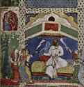 Рукопись "Тариф-и-Хусайн-Шахи". Шах на троне. 1565-1569 - 15,9 x 12,8 см. Бумага. Стиль декан. Индия. Пуна. Собрание Бхарата Итихаса, Самсходака-мандала. Книжная миниатюра.