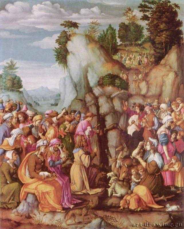 Моисей высекает воду из скалы. 1540-1545 - 100 x 80 смДерево, маслоМаньеризмИталияЭдинбург. Национальная галерея Шотландии