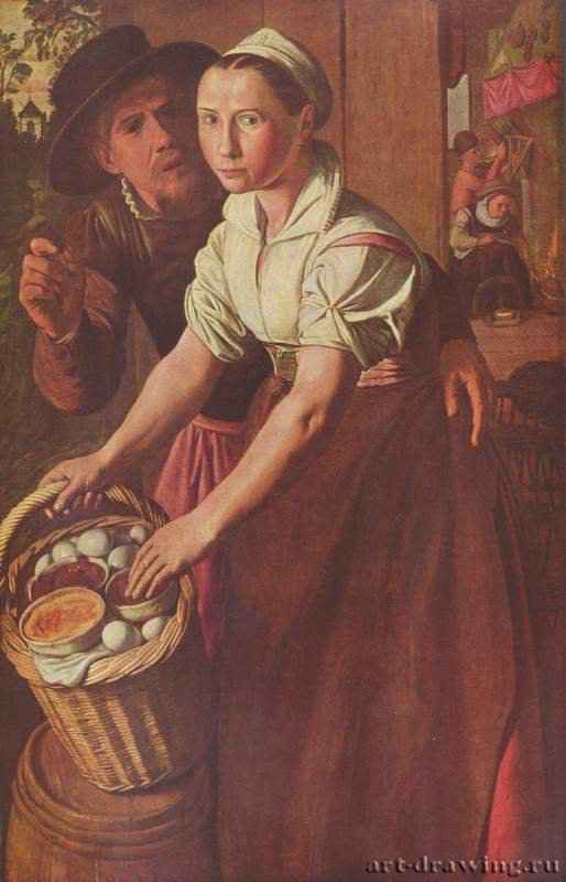 Продавщица яиц. 1565 - 126 х 81 смДерево, маслоМаньеризмНидерланды (Фландрия)Антверпен. Королевский музей изящных искусств
