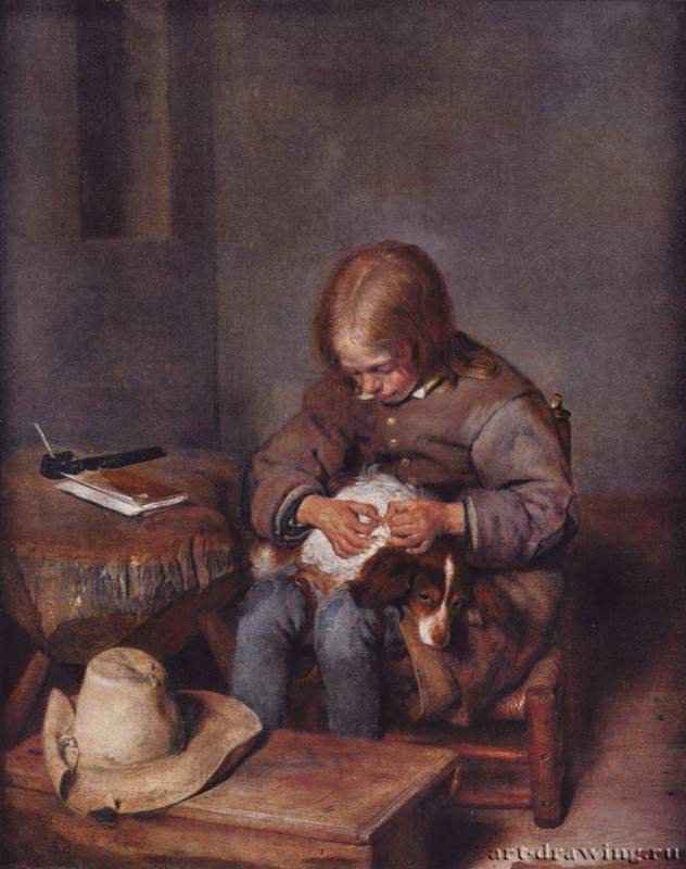 Мальчик ищет блох у своей собаки. Вторая треть 17 века - 35 x 28 смХолст, деревоБароккоНидерланды (Голландия)Мюнхен. Старая Пинакотека