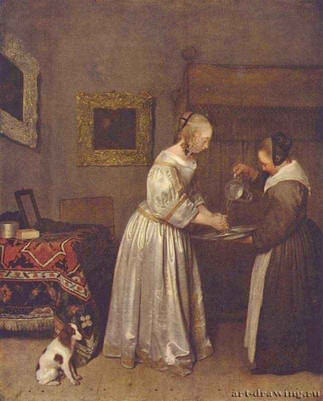 Дама, моющая руки. 17 век - 53 x 43 смДеревоБароккоНидерланды (Голландия)Дрезден. Картинная галерея