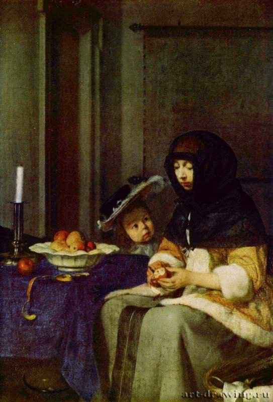 Девушка, чистящая яблоко. Вторая треть 17 века - 36,3 x 30,7 смДерево, холстБароккоНидерланды (Голландия)Вена. Художественно-исторический музей