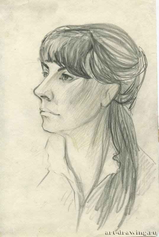 Портрет женщины, 2010 г. - Сепия, карандаш, хелтая бумага; 19,79 x 29,41 см. Частная коллекция. Москва. Россия.
